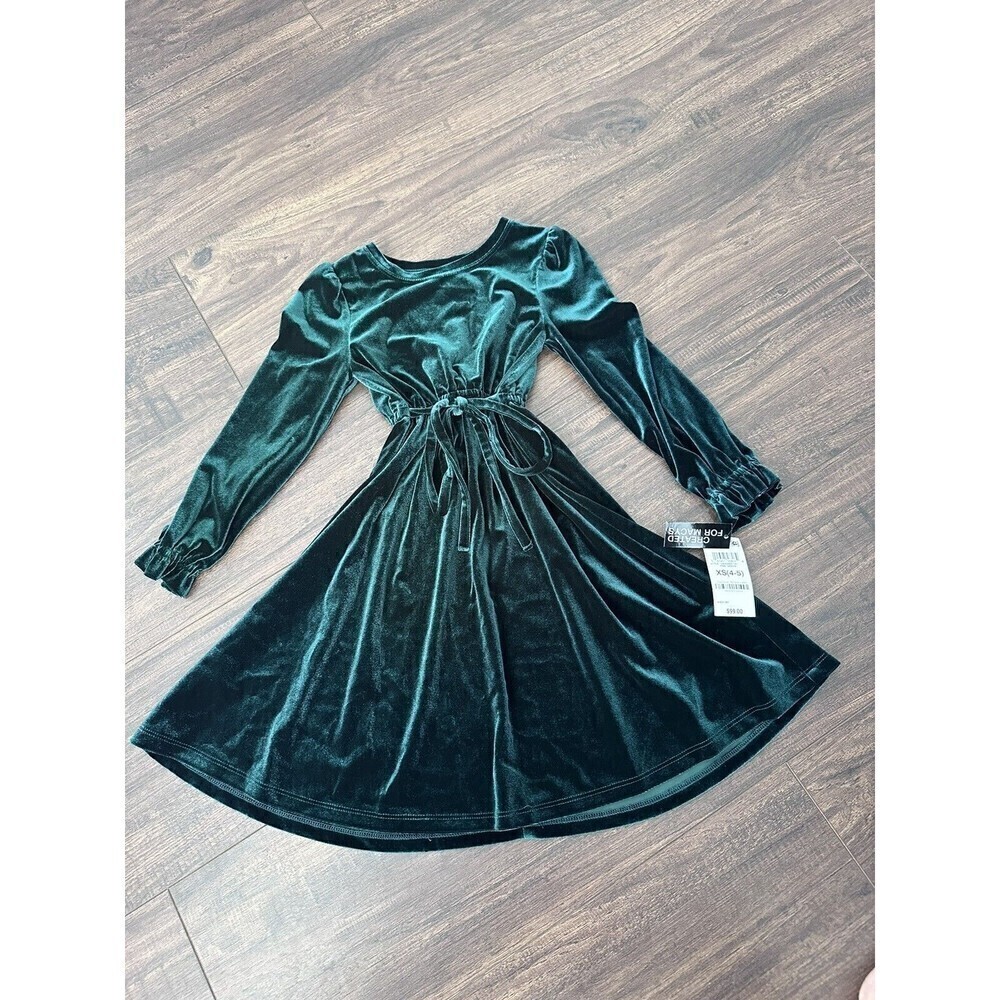 INC INTERNATIONAL CONCEPTS Little Girls Pine Green Stretch Velour Dress XS(4-5)